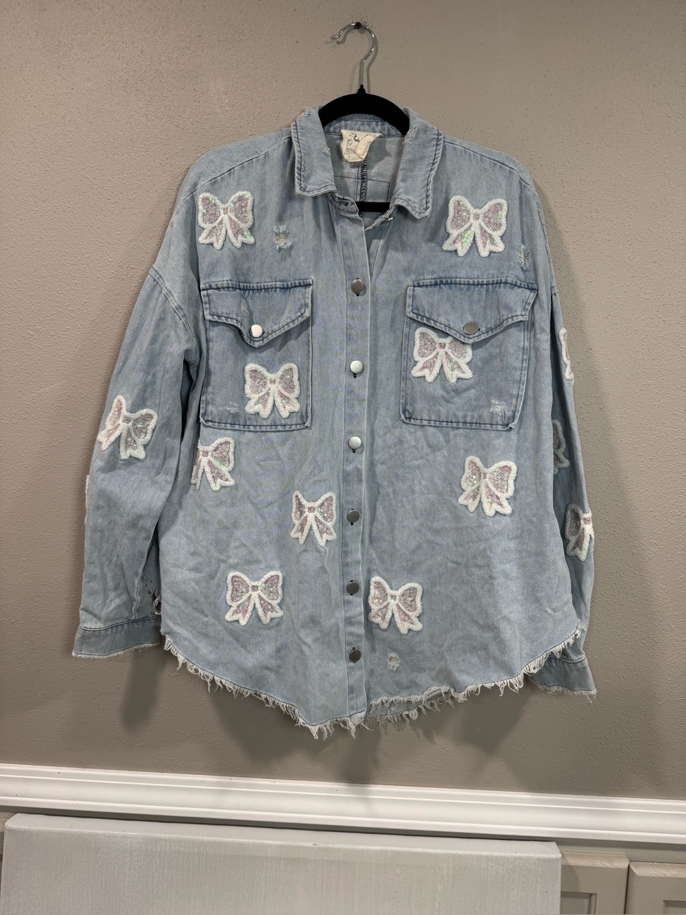 Bow Detail Frayed Denim Shacket - Picture 2 of 7